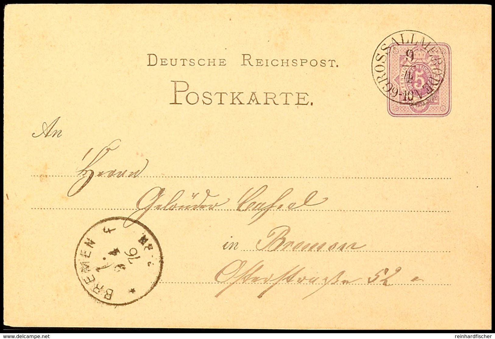 "GROSSALLMERODE 9/4 (1876)" - Kleiner K1 Mit Uhrzeit Statt Kringel, Herrlich Klar Auf DR GS-Postkarte 5 Pfge Nach Bremen - Sonstige & Ohne Zuordnung