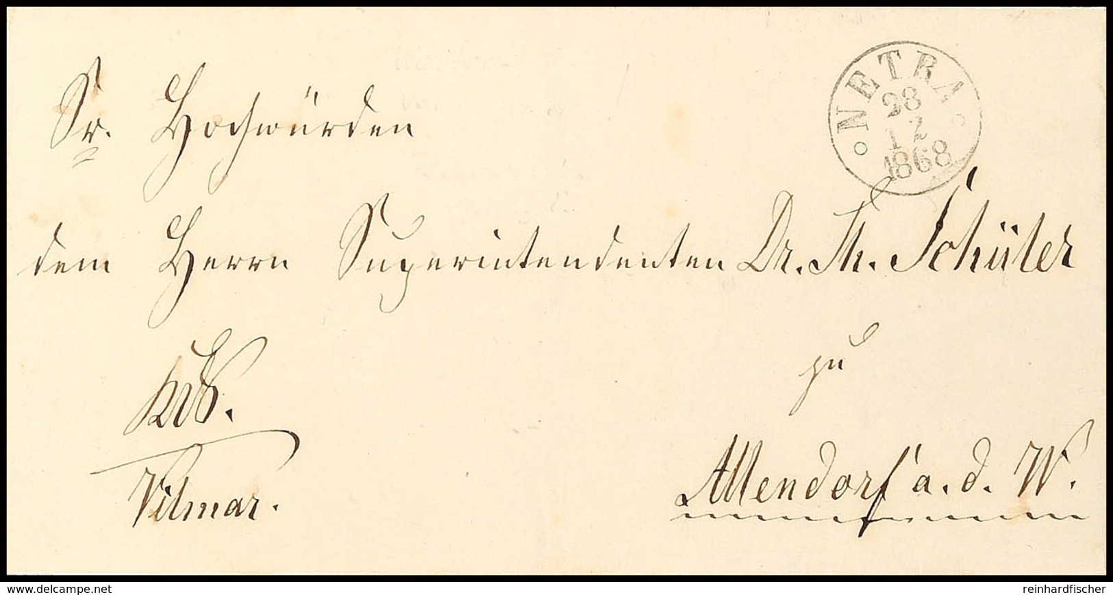 "NETRA 28 12 1868" - K1 Mit Kringeln, Klar Auf Kirchen-Dienstsache Nach Allendorf (Ankstpl), Rücks. Trockensiegel Der Ki - Sonstige & Ohne Zuordnung