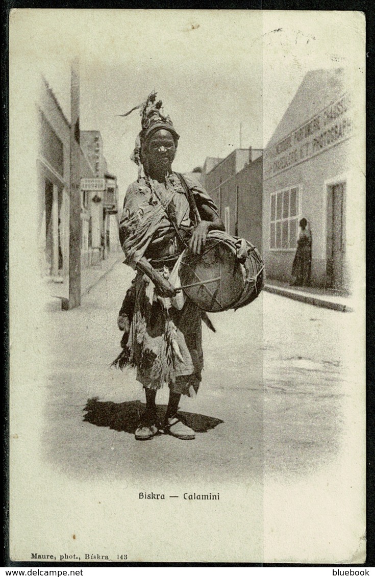 Ref 1247 - 1910 Ethnic Postcard - Street Musician Drummer Biskra Algeria - France Interest - Music Theme - Africa