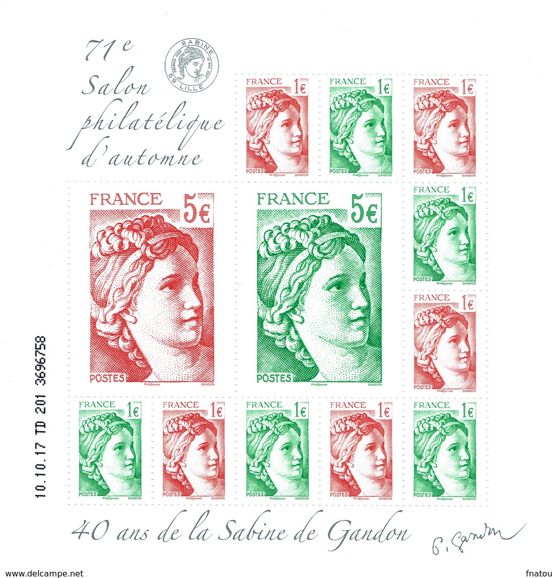 France, "Sabine" By Gandon, 2017, MNH VF Souvenir Sheet Of 12  Automn Philatelic Fair - Neufs