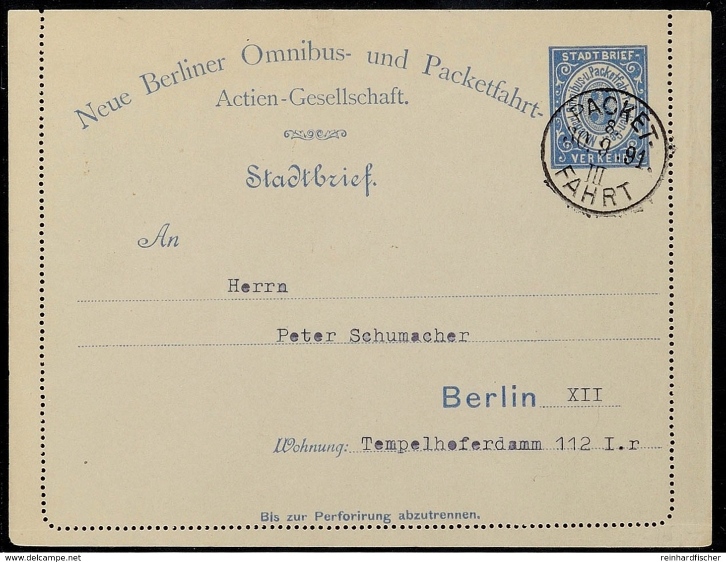 BERLIN PACKETFAHRT, GS-Kartenbrief 3 Pfg, Blaugraues Papier, Bedarfsgebraucht Mit Stempel "PACKETFAHRT 30.9.91", Katalog - Sonstige & Ohne Zuordnung