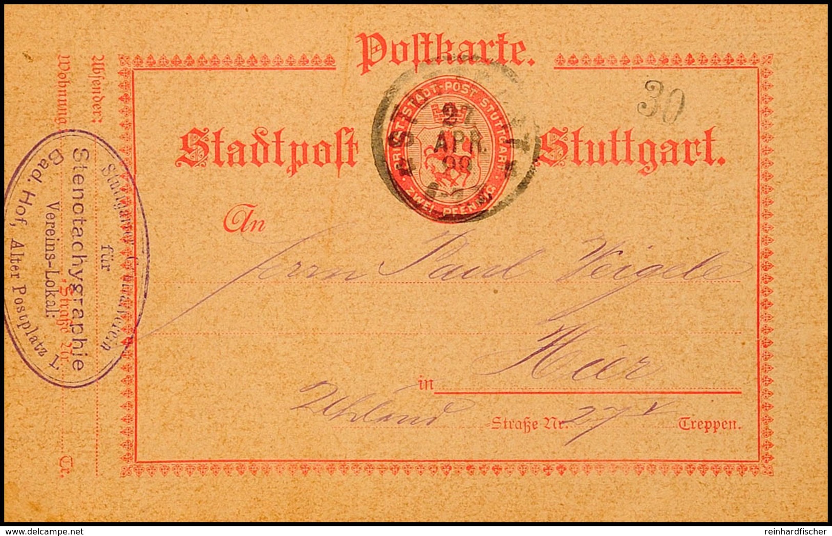 Stuttgart, Stadtpost, 2 Pfg Ganzsachenkarte Bedarfsgebraucht 27.4.99 Mit Absenderstempel Stenotachygraphie Verein  BF - Sonstige & Ohne Zuordnung