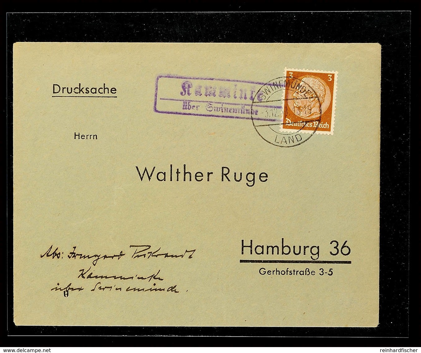 "Kamminke / über Swinemünde", 1938, Auf Drucksachenbrief Nach Hamburg  BF - Sonstige & Ohne Zuordnung