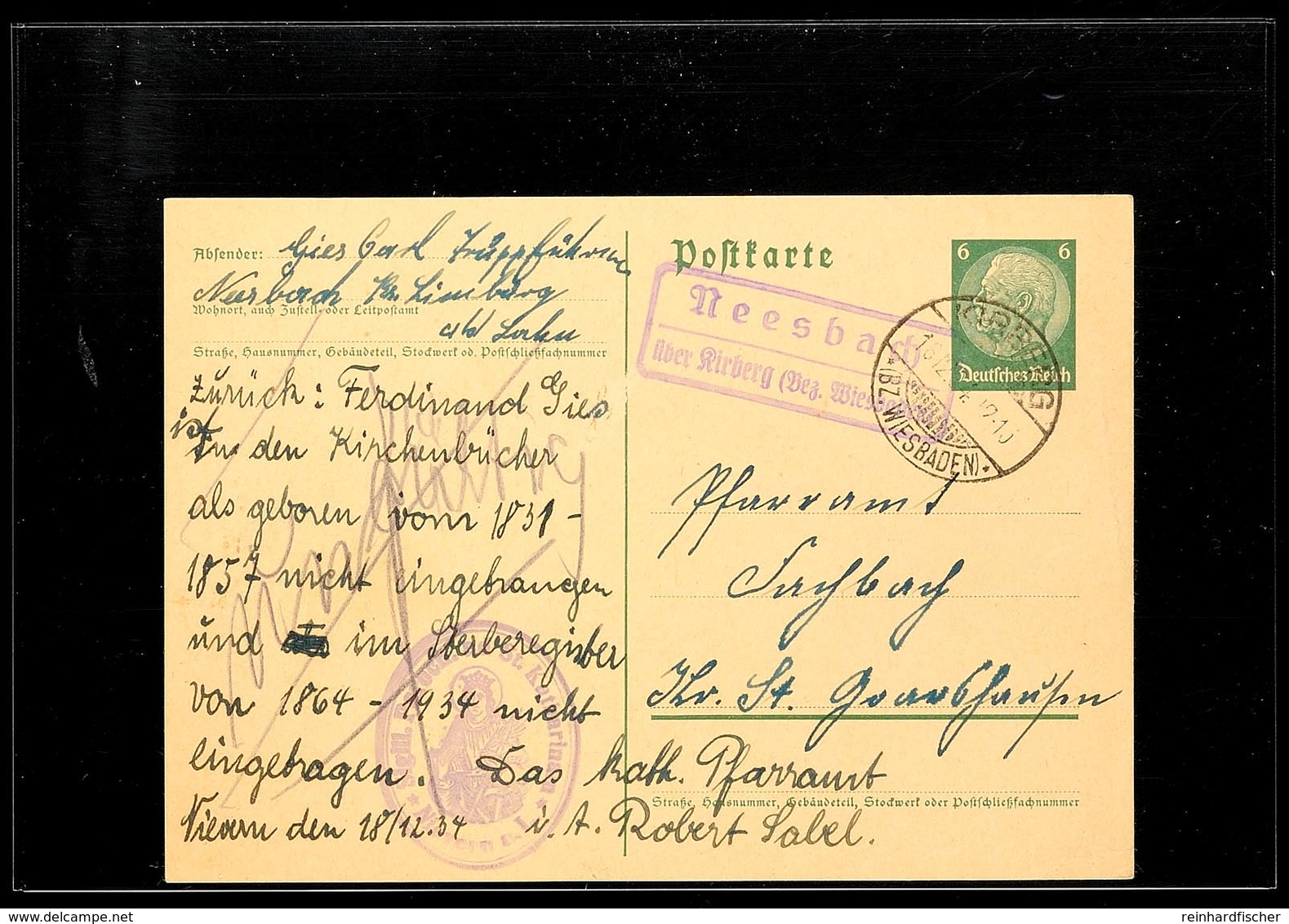 "Neesbach / über Kirberg (Bez. Wiesbaden)", Auf GS-Postkarte 1934 Nach St. Goarshausen, Leichte Büge  BF - Sonstige & Ohne Zuordnung