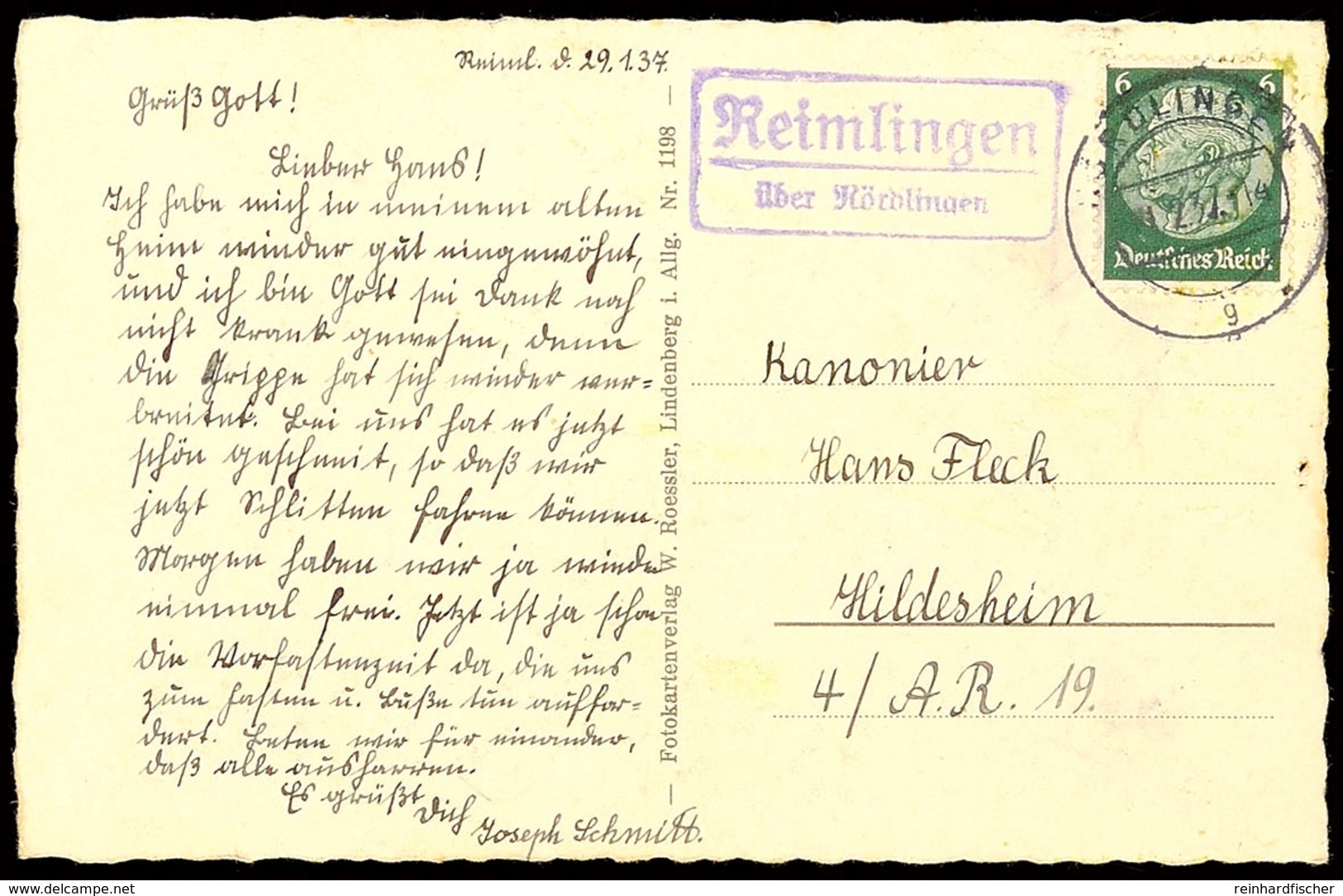 "Reimlingen / über Nördlingen", Klar Auf Bildpostkarte 1935 Nach Hildesheim  BF - Sonstige & Ohne Zuordnung