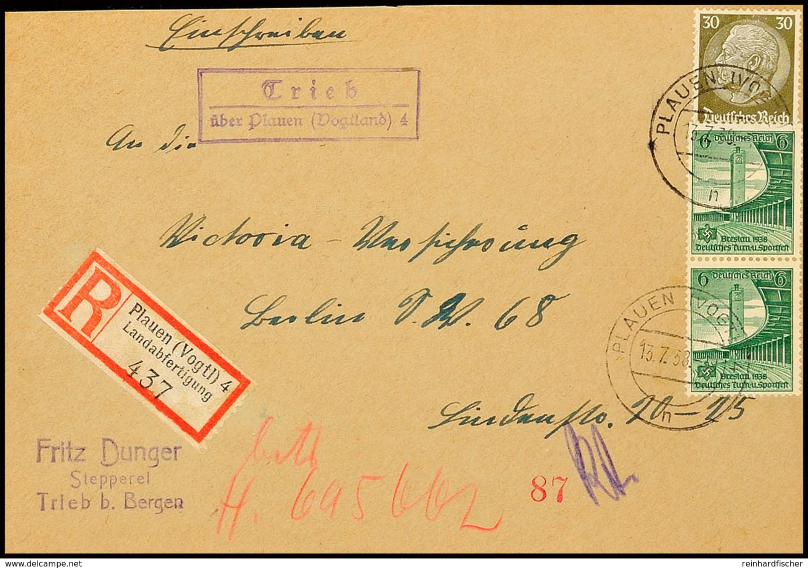 "Trieb / über Plauen (Vogtland) 4", Klar Nebst R-Zettel "Plauen (Vogtl) 4 Landabfertigung" Auf R-Brief-Vorderseite 1938  - Sonstige & Ohne Zuordnung