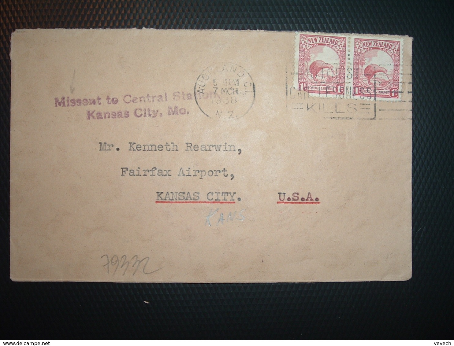 LETTRE Pour USA TP 1 D Paire OBL.MEC.7 MCH 1938 AUCKLAND + Griffe Missent To Central Station Kansas City, Mo. - Brieven En Documenten