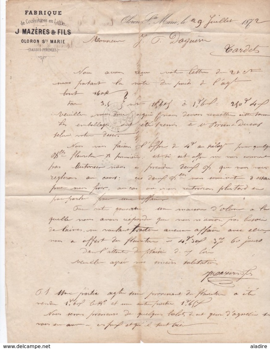 1872 - LAC D' Oloron Sainte Marie Vers Tardets Sorholus, Pyrénées Atlantiques - YT 60 Cérès 25 C - Cad Arrivée Erronné - 1871-1875 Ceres