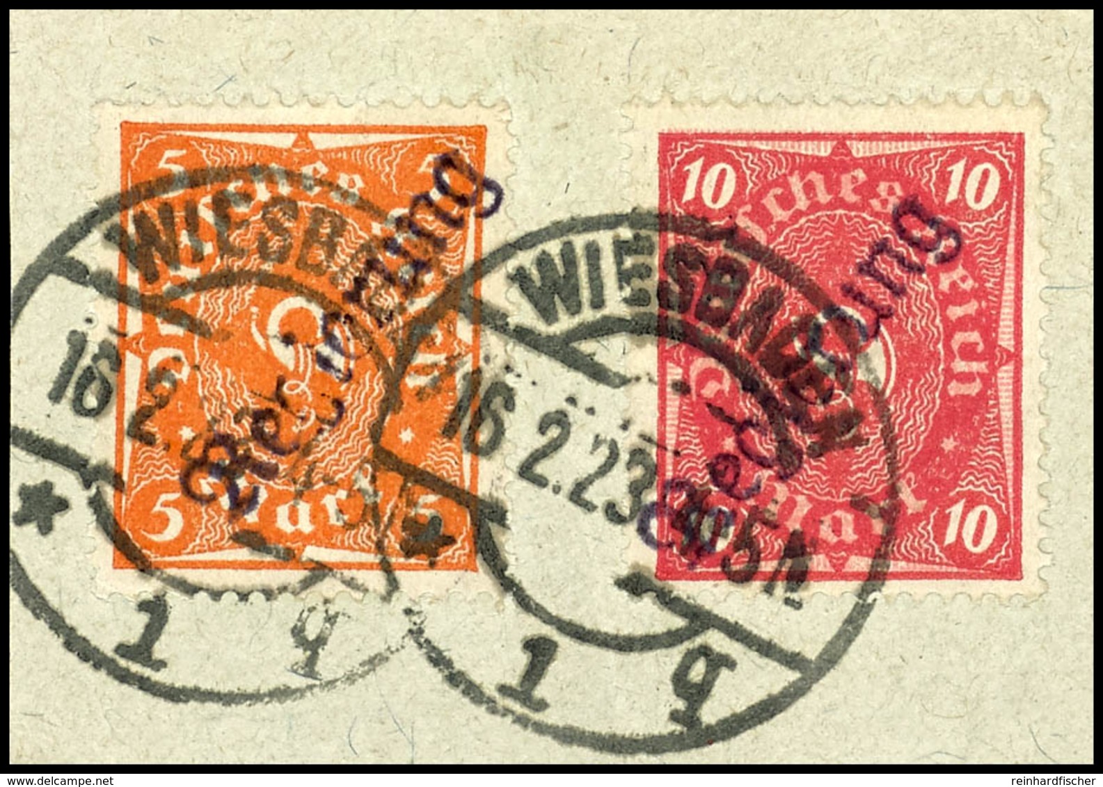 5 M. Und 10 M. Posthorn, Je Aufdrucktype II, Zusammen Auf Briefstück, Tadellos Gestempelt "WIESBADEN 16.2.23", Gepr. Dün - Sonstige & Ohne Zuordnung