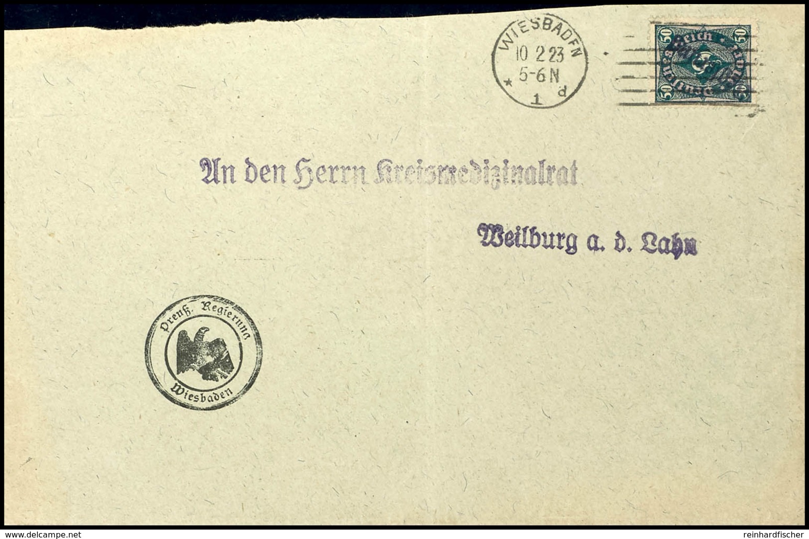 50 Pfg Posthorn, Aufdruck Type II, Auf Portogerechtem Brief Von "WIESBADEN 10 2 23" Nach Weilburg A. D. Lahn, Tadellos,  - Sonstige & Ohne Zuordnung