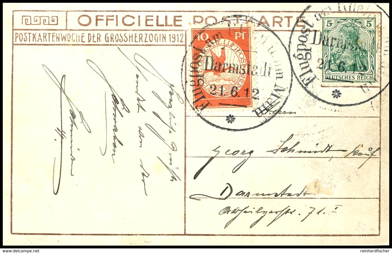 1912, Flugpost Rhein/Main, 10 Pfg Flugpost Und 5 Pfg Germania Auf Fotokarte "Postkartenwoche Der Großherzogin 1912" Von  - Sonstige & Ohne Zuordnung