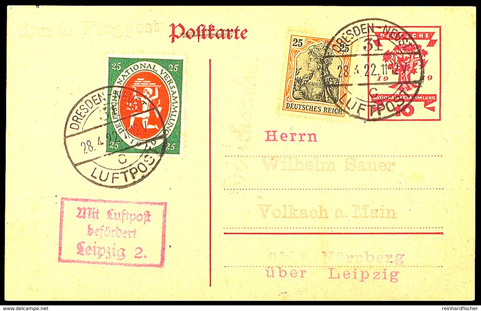 1922, DRESDEN-NEUST. LUFTPOST 24.4.22 Auf Luftpost-GSK Ohne Text Nach Volkach Mit Best.-Stempel Von Leipzig  BF - Sonstige & Ohne Zuordnung