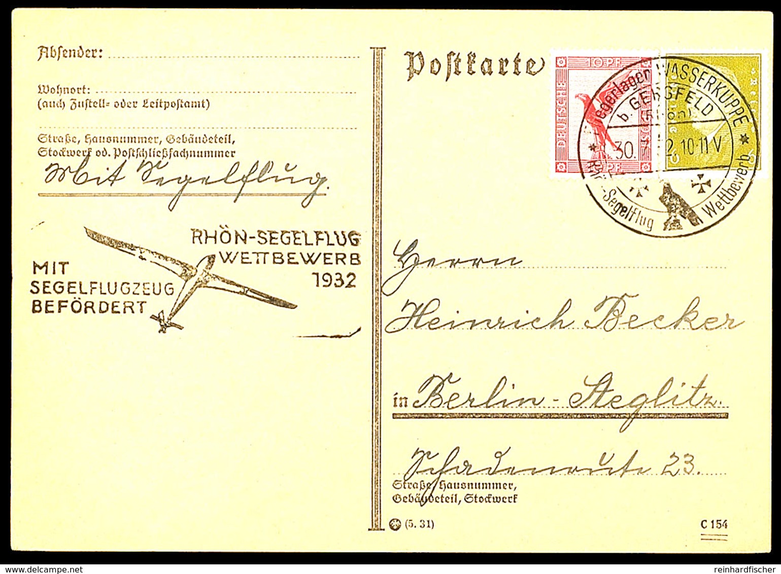 RHÖN-SEGELFLUG-WETTBEWERB 1932, Karte V. 30.7.32, Klarer Stempel A. Karte Nach Berlin, Katalog: 379,u.a. BF - Sonstige & Ohne Zuordnung