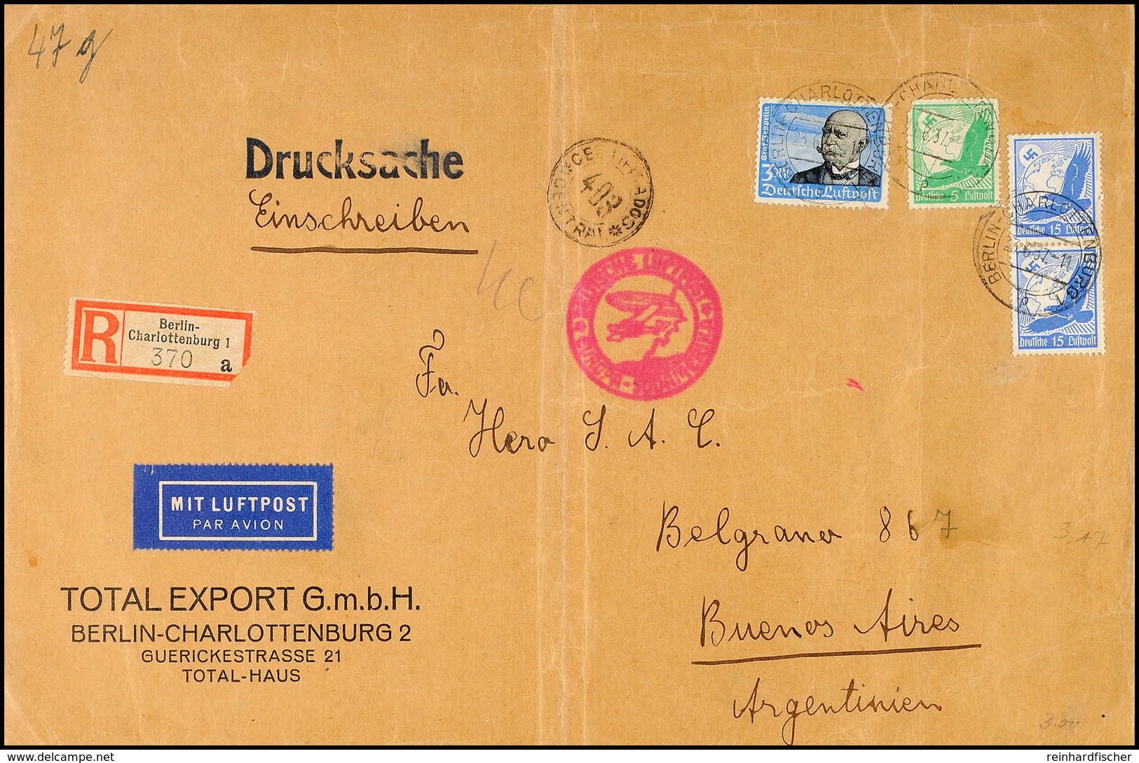 Deutsches Reich 1937, Luftpost-Einschreiben-Drucksache, Großformatiges, 47 G Schweres Kuvert Mit 3 RM Zeppelin, 5 Pfg St - Sonstige & Ohne Zuordnung