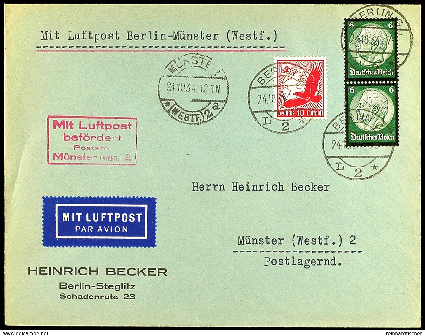 Berlin C2 24.10.1934 - Münster, Brief, MLb Münster 2, (F 78/01 A), Katalog: 530,550(2 BF - Sonstige & Ohne Zuordnung
