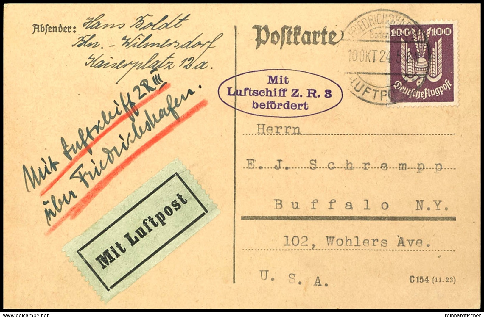 1924, Erste Zeppelin-Fahrt Nach Nordamerika, Karte Mit 100 Pfg Holztaube Von "FRIEDRICHSHAFEN LUFTPOST 10. OKT 1924" Nac - Andere & Zonder Classificatie