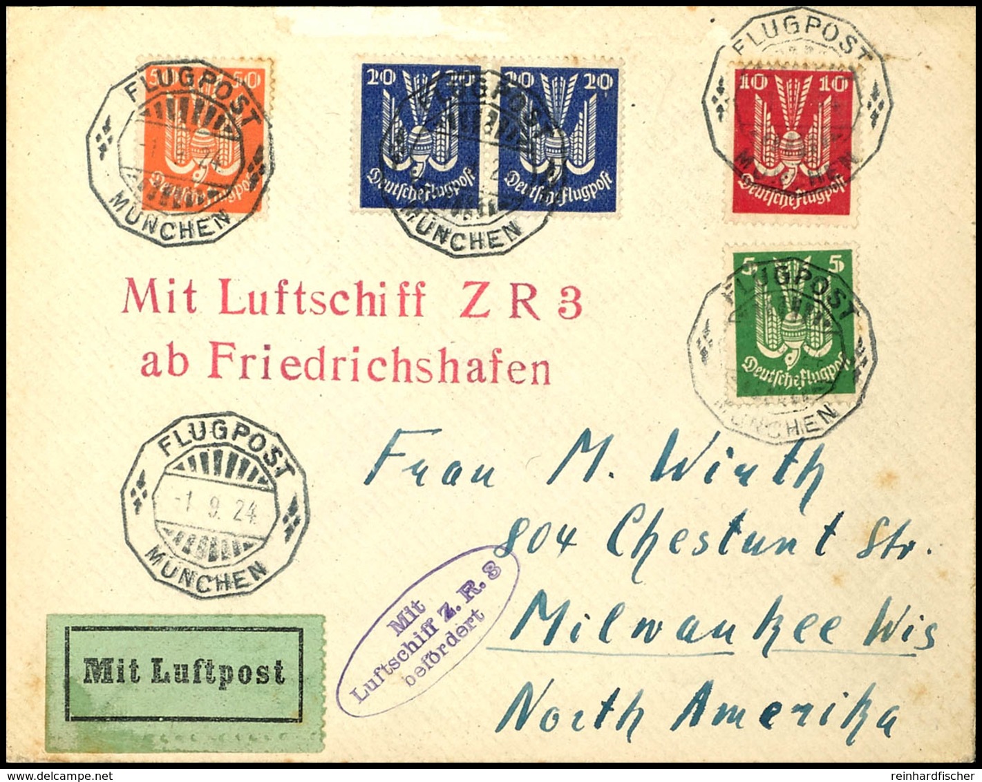 1924, Erste Zeppelin-Fahrt Nach Nordamerika, Brief Mit 5 Werten Ex 5 - 50 Pfg Flugpost Holztaube Von "FLUGPOST MÜNCHEN 1 - Sonstige & Ohne Zuordnung