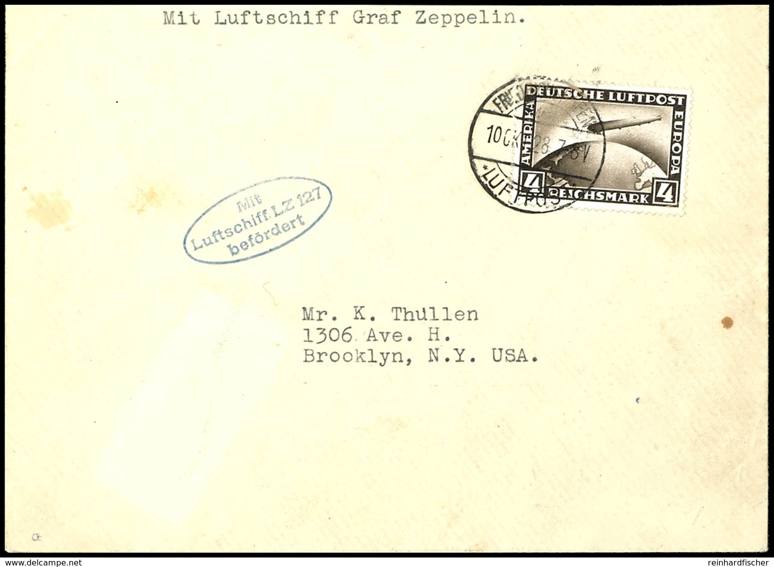 1928, Amerikafahrt, Brief Mit 4 RM. Zeppelin Von "FRIEDRICHSHAFEN LUFTPOST 10. OKT. 28" Nach Brooklyn / USA Mit Ankunfts - Sonstige & Ohne Zuordnung