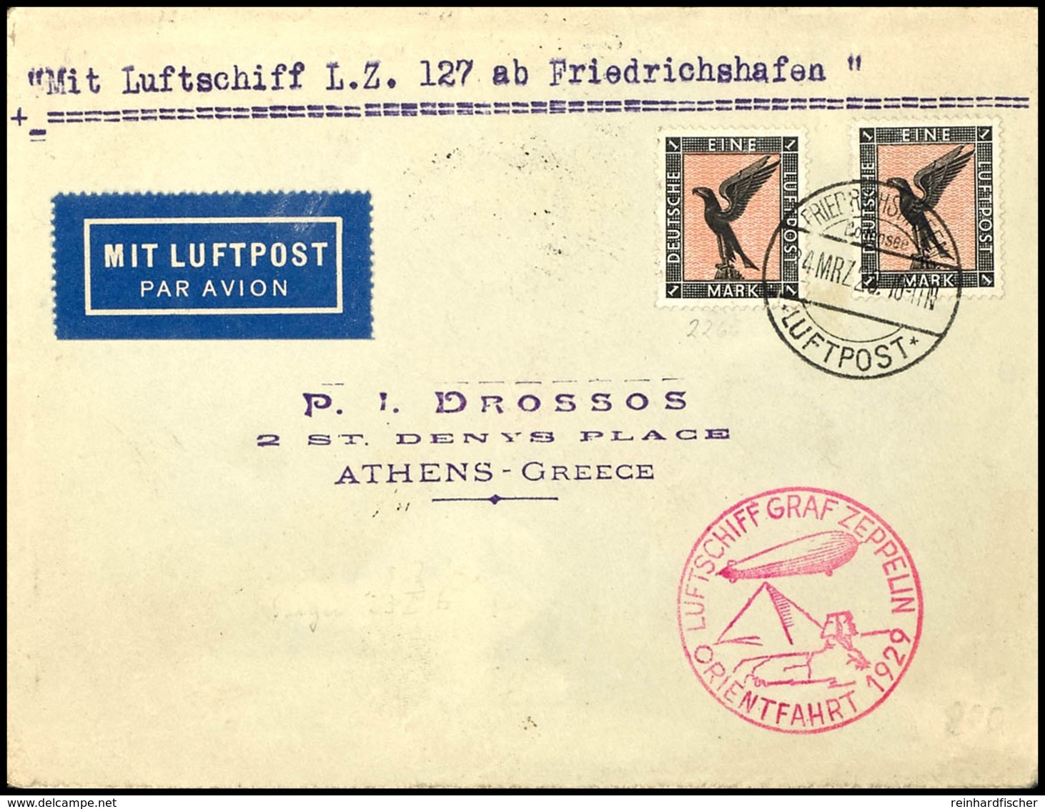 1929, Orientfahrt, Auflieferung Friedrichshafen Mit Sonderbestätigungsstempel In Type I, Brief Mit Zwei Stück 1 M. Adler - Sonstige & Ohne Zuordnung