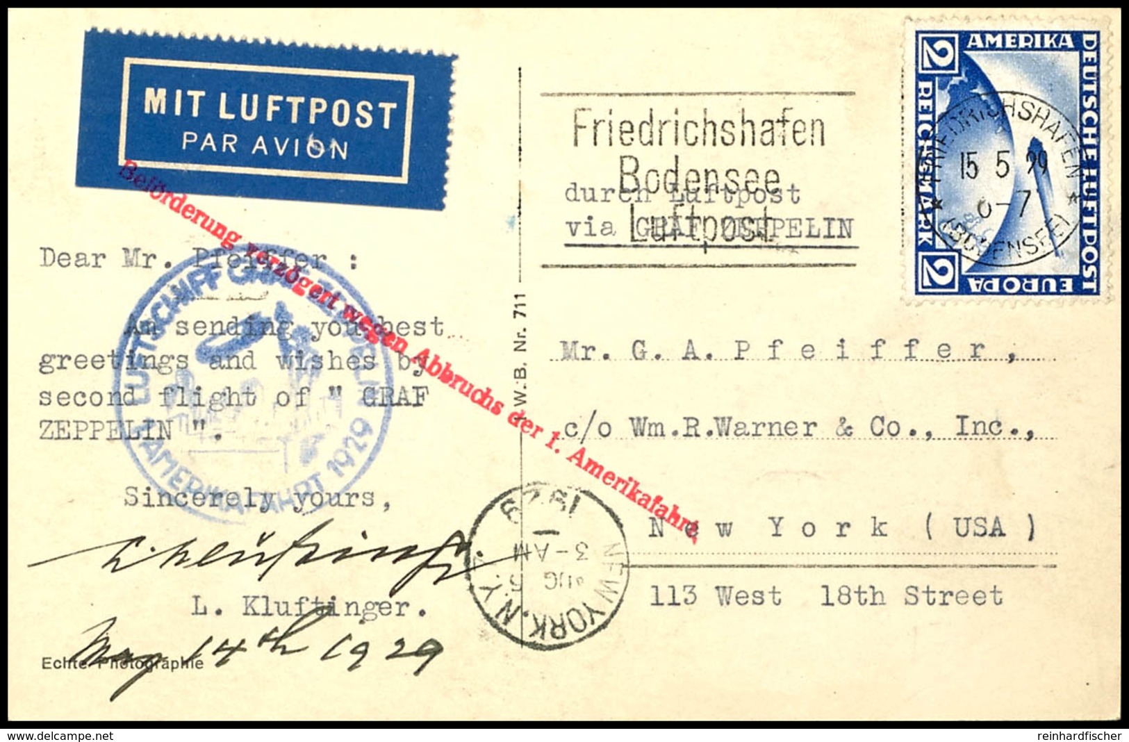 1929, Versuchte Amerikafahrt Mit Notlandung, Auflieferung Friedrichshafen, Ansichtskarte "Berlin Vom Flugzeug" Mit 2 M.  - Sonstige & Ohne Zuordnung