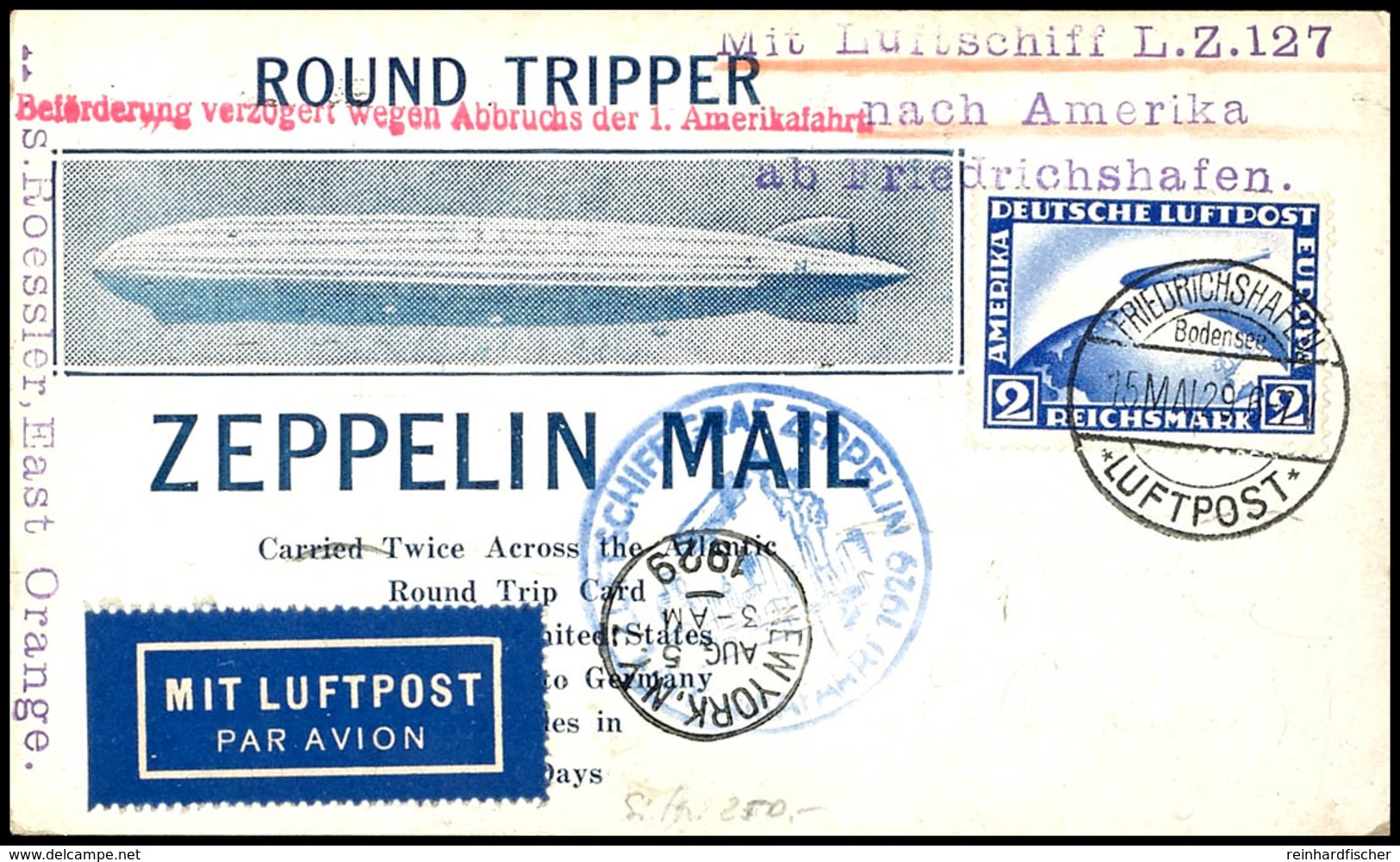 1929, Versuchte Amerikafahrt Mit Notlandung, Auflieferung Friedrichshafen, Karte Mit 2 RM Zeppelin Von "FRIEDRICHSHAFEN  - Altri & Non Classificati