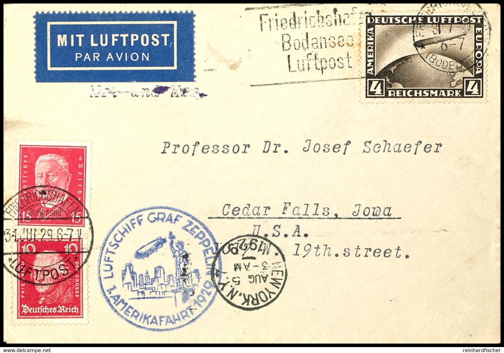 1929, Durchgeführte 1. Nordamerikafahrt, Brief Mit 4 RM Zeppelin Sowie 10 Und 15 Pfg Freimarken Mit Maschinenstempel "FR - Sonstige & Ohne Zuordnung