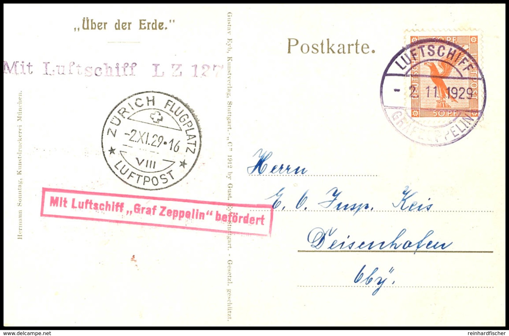 1929, Fahrt Nach Zürich - Dübendorf, Bordpost Vom 2.11., Karte Mit 50 Pfg. Adler Und Vorderseitig Allen Stempeln, Pracht - Altri & Non Classificati