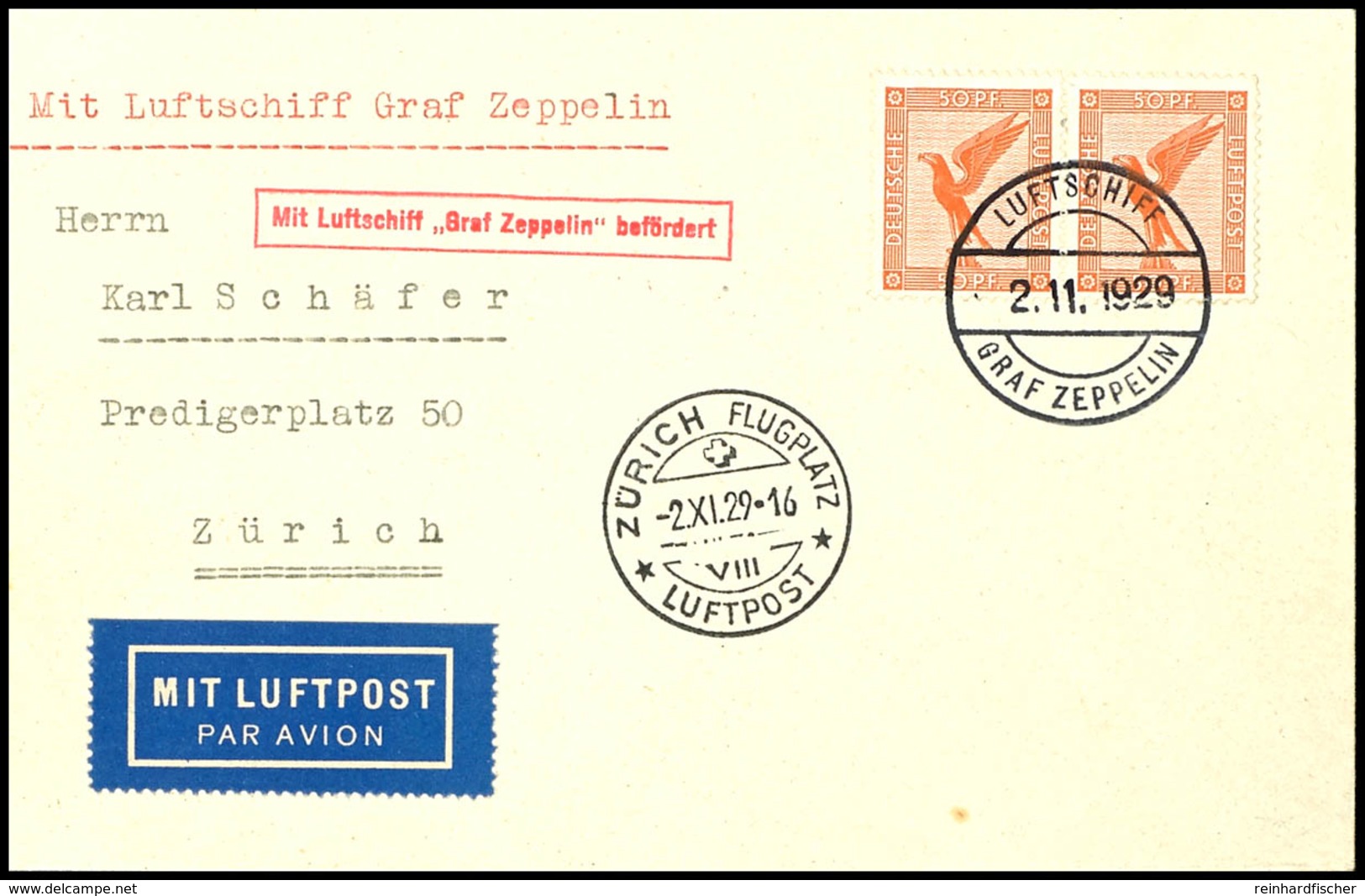 1929, Fahrt Nach Zürich-Dübendorf, Bordpost, Brief Mit Waagerechtem Paar 50 Pfg. Adler, Tadellos, Katalog: Si.45B BF - Sonstige & Ohne Zuordnung