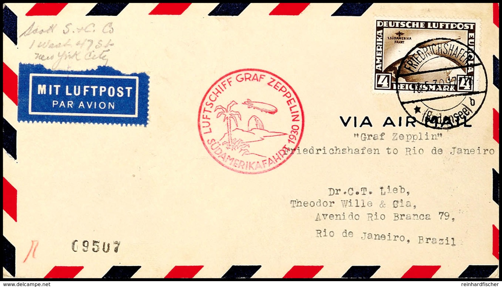 1930, Südamerikafahrt Bis Rio De Janeiro, Brief Mit Sondermarke 4 Mark Und Auflieferung FRIEDRICHSHAFEN 18.5.30 Nach Rio - Sonstige & Ohne Zuordnung