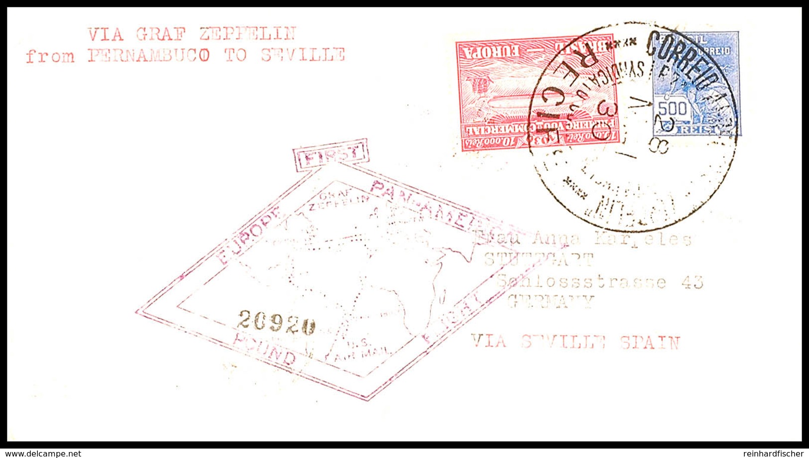 Südamerikafahrt 1930, Brasilianische Post, Postkarte Mit Mischfrankatur Sondermarke 10000 R Und Sonderstempel  über Sevi - Sonstige & Ohne Zuordnung