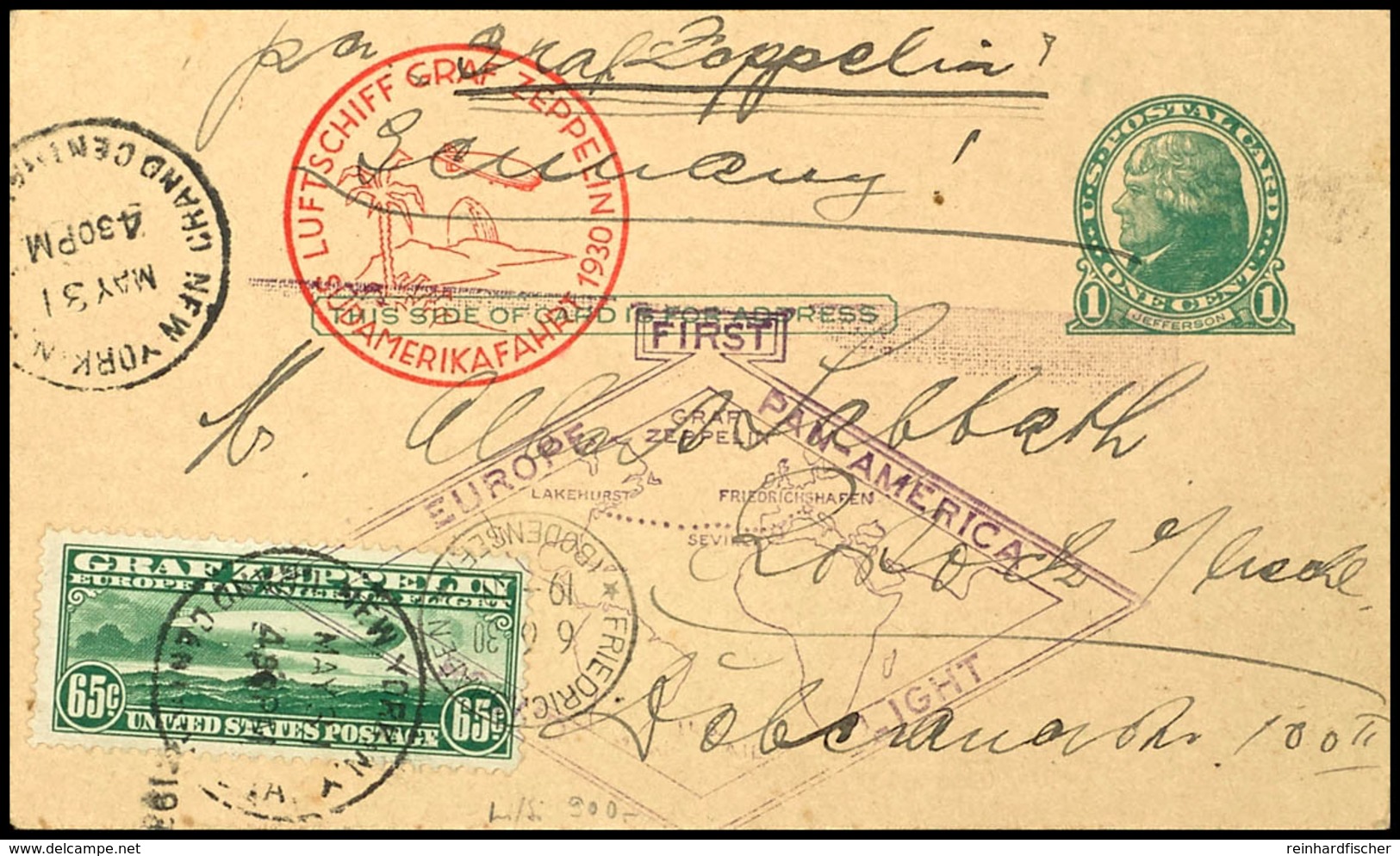 1930, Südamerikafahrt, Amerikanische Post, Rückfahrt, Ganzsachenkarte 1 C. Mit 65 C. Zeppelin Von "NEW YORK MAY 31" Nach - Sonstige & Ohne Zuordnung