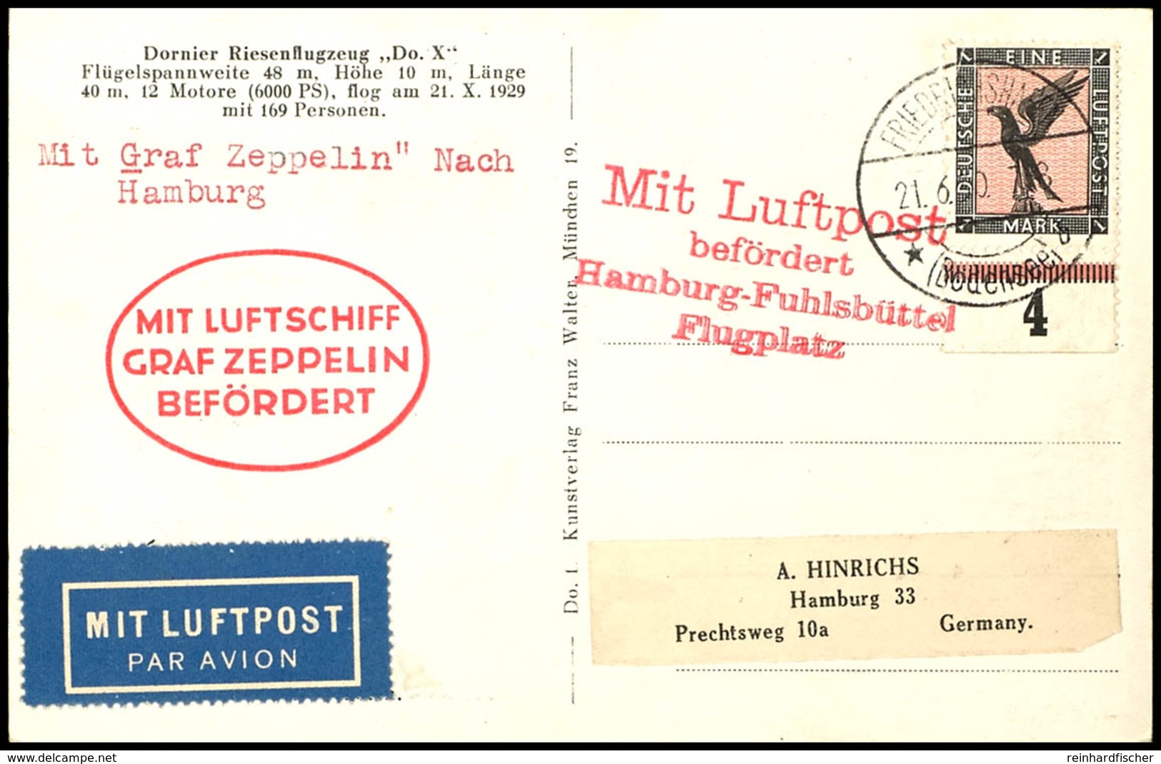 19340, Deuitschlandfahrt, Auflieferung Friedrichshafen, Fotokarte "Do. X" Mit 1 M. Adler Mit Unterrand Von "FRIEDRICHSHA - Sonstige & Ohne Zuordnung