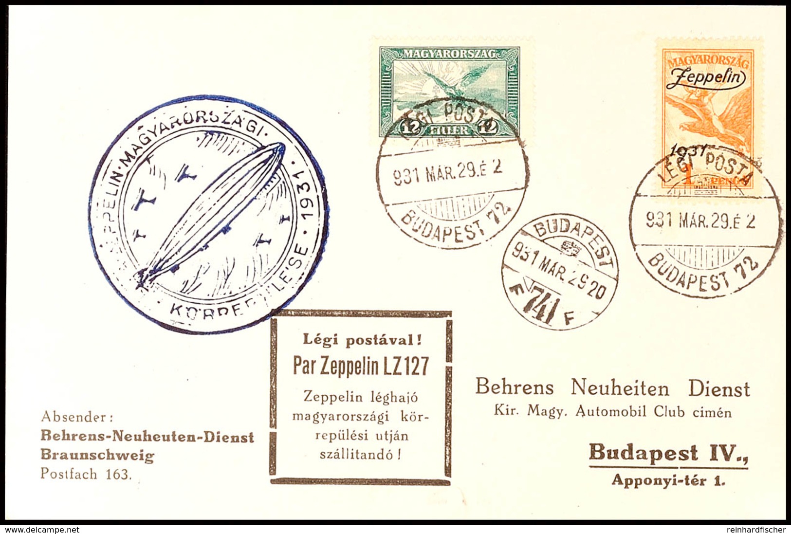 1931, Landungsfahrt Nach Ungarn, Ungarische Post, Tadellose Behrens-Postkarte Mit Zeppelinmarke 1 P., Katalog: Si.102Aa  - Other & Unclassified