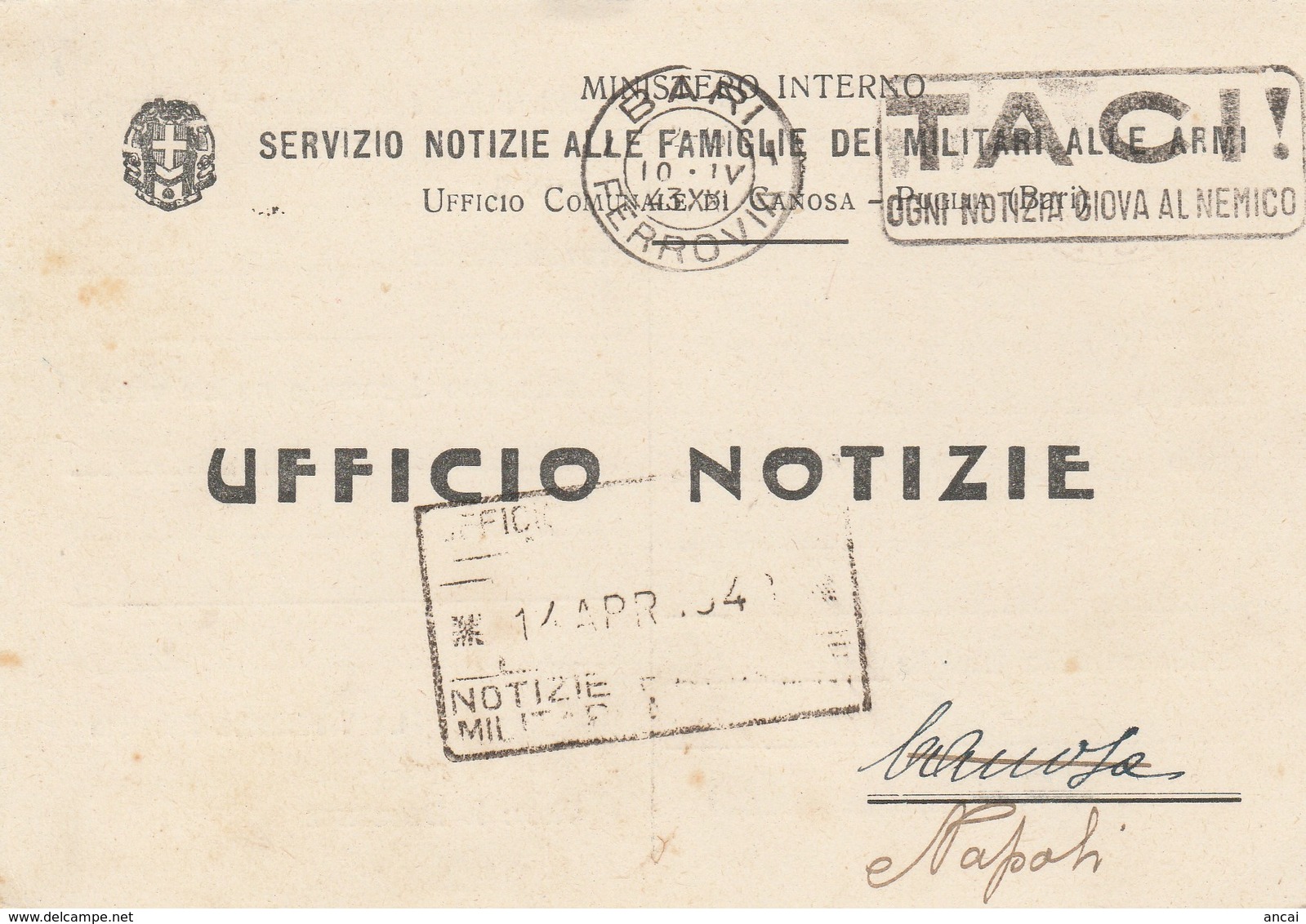 Bari. 1943. Annullo Meccanico BARI FERROVIA,  Su Cartolina Del MINISTERO INTERNO. - Militaire Post (PM)