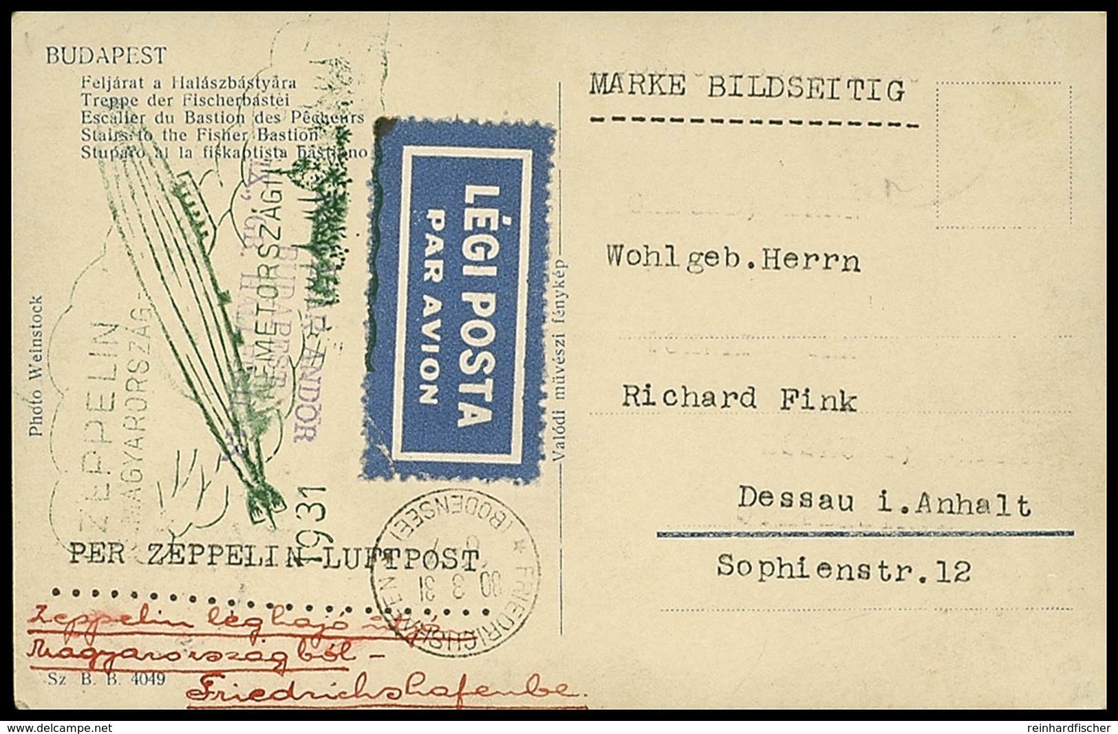 Landungsfahrt Nach Ungarn 1931, Ungarische Post Der Rückfahrt, Postkarte Mit Rückseitiger Frankatur (u.a. 2. P Zeppelin) - Sonstige & Ohne Zuordnung