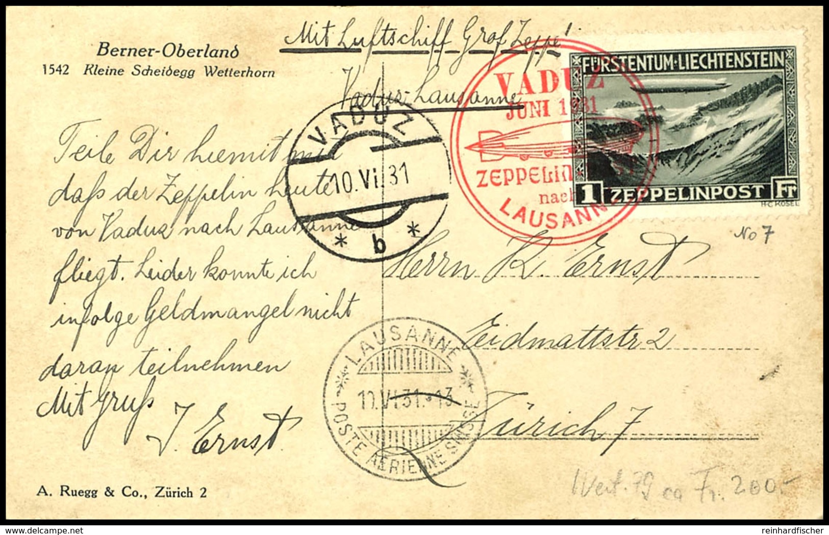 1931, Fahrt Vaduz-Lausanne, Ansichtskarte "Berner-Oberland" Mit 1 Fr. Zeppelin Mit Postsonderstempel "VADUZ JUNI 1931" N - Otros & Sin Clasificación