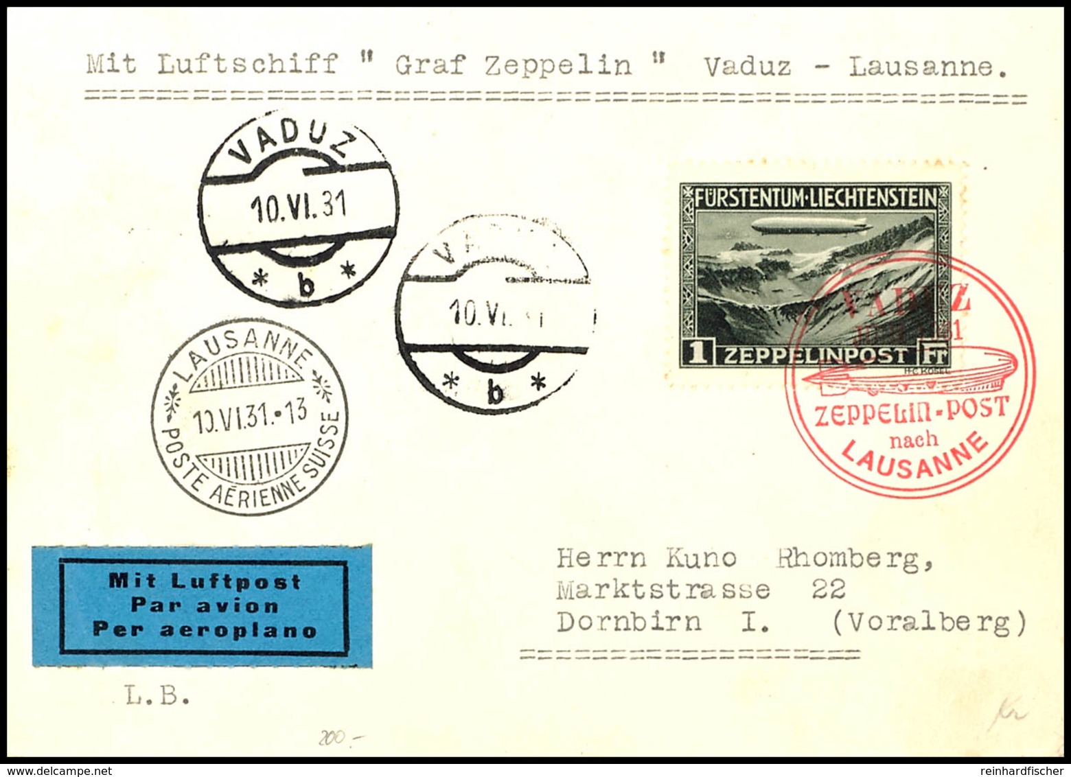 1931, Fahrt Vaduz-Lausanne, Karte Mit 1 Fr. Zeppelinmarke Mit Rotem Postsonderstempel "VADUZ JUNI 1931" Nach Dornbirn Mi - Sonstige & Ohne Zuordnung