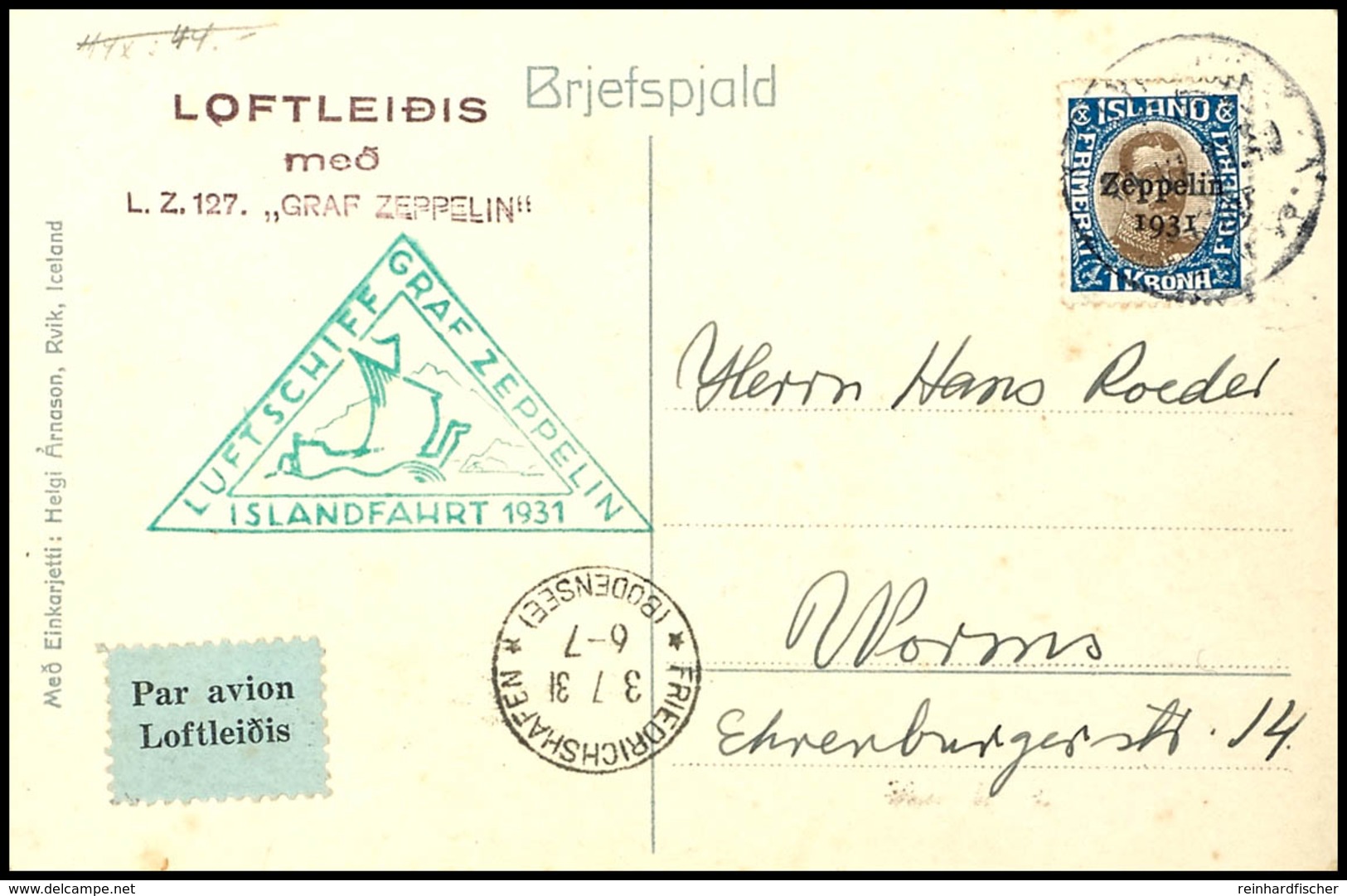 1931, Islandfahrt, Isländische Post, Fotokarte über "Zeppelin über Reykjavik" Mit 1 Kr. Zeppelinmarke Nach Worms Mit Ank - Sonstige & Ohne Zuordnung