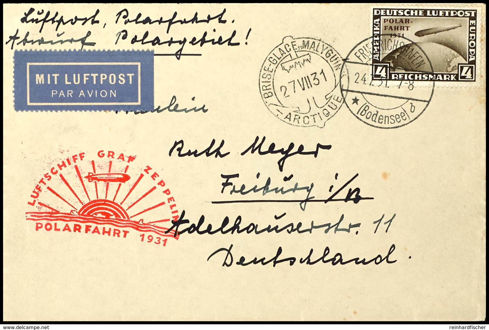 1931, Polarfahrt, Friedrichshafen Bis Malyguin, Brief Mit 4 RM. Polarfahrt Von "FRIEDRICHSHAFEN 24.7.31" Nach Freiburg M - Sonstige & Ohne Zuordnung