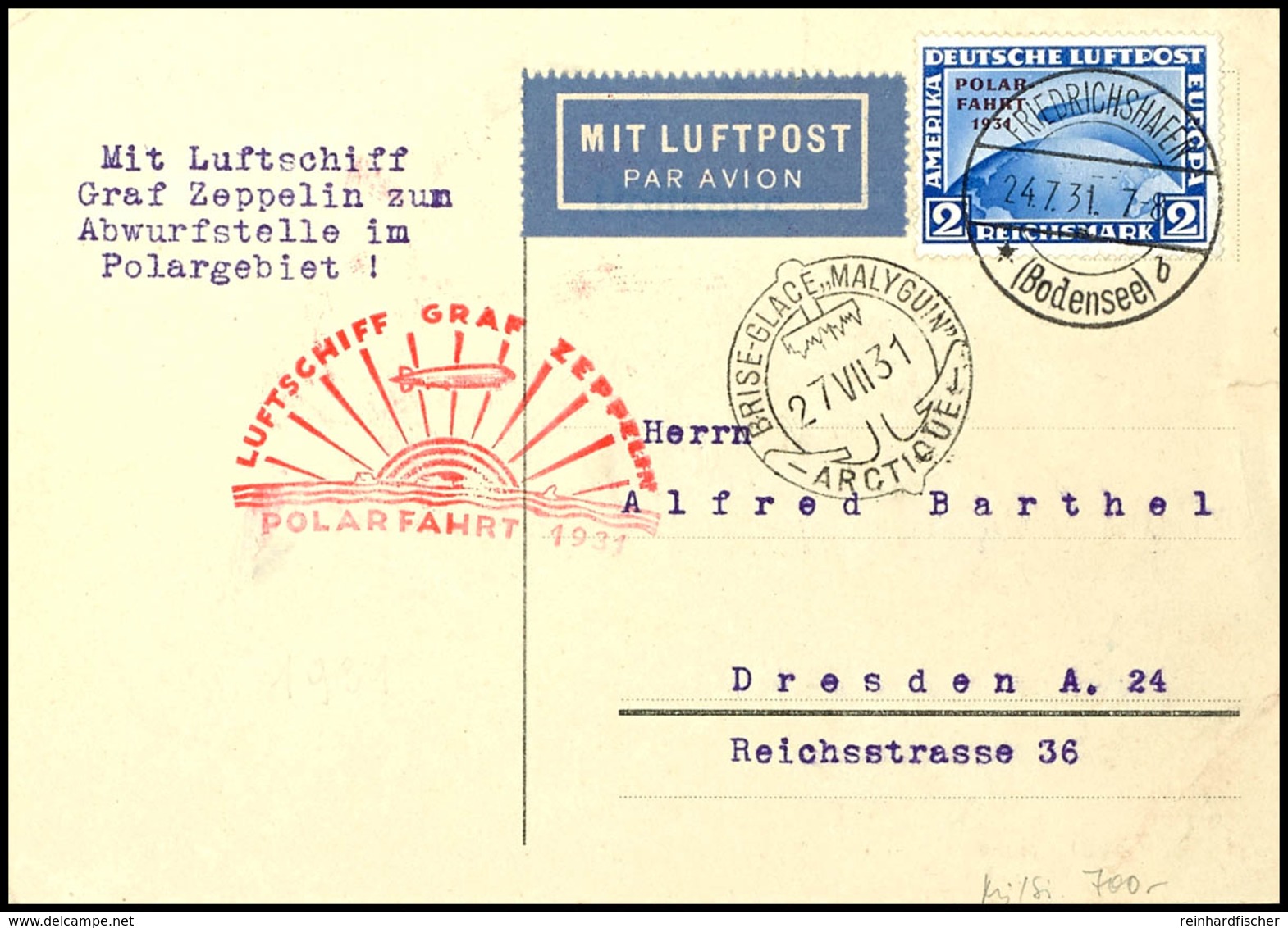 1931, Polarfahrt, Friedrichshafen Bis Malyguin, Karte Mit 2 RM. Polarfahrt Von "FRIEDRICHSHAFEN 24.7.31" Nach Dresden Mi - Sonstige & Ohne Zuordnung