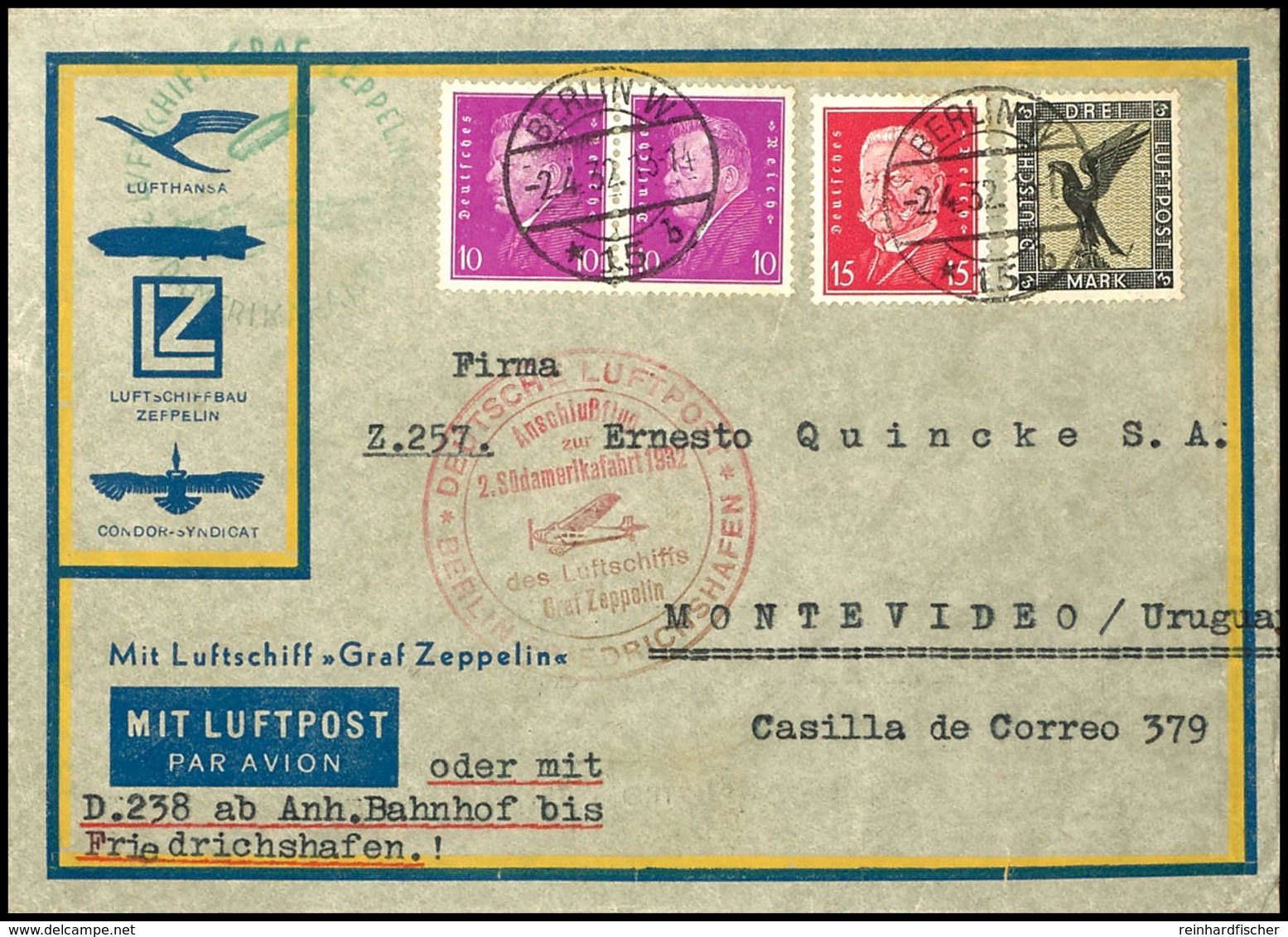 1932, 2. Südamerikafahrt, Anschlussflug Ab Berlin, Brief Mit 3 M. Adler Sowie 10 (Paar) Und 15 Pfg Reichspräsidenten Von - Sonstige & Ohne Zuordnung