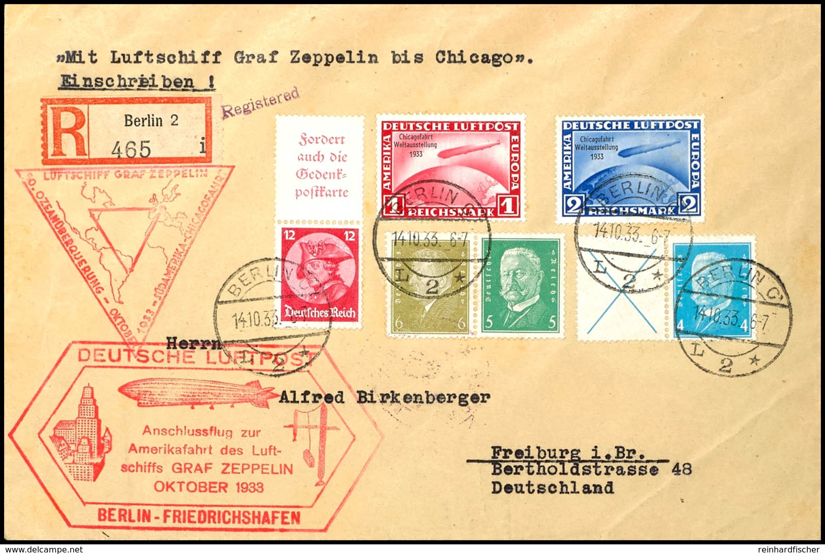 1933, Chicagofahrt, Anschlussflug Ab Berlin, R-Brief Mit 1 Und 2 RM. Chicagofahrt In Bunter Mischfrankatur, Dabei Zwei Z - Sonstige & Ohne Zuordnung