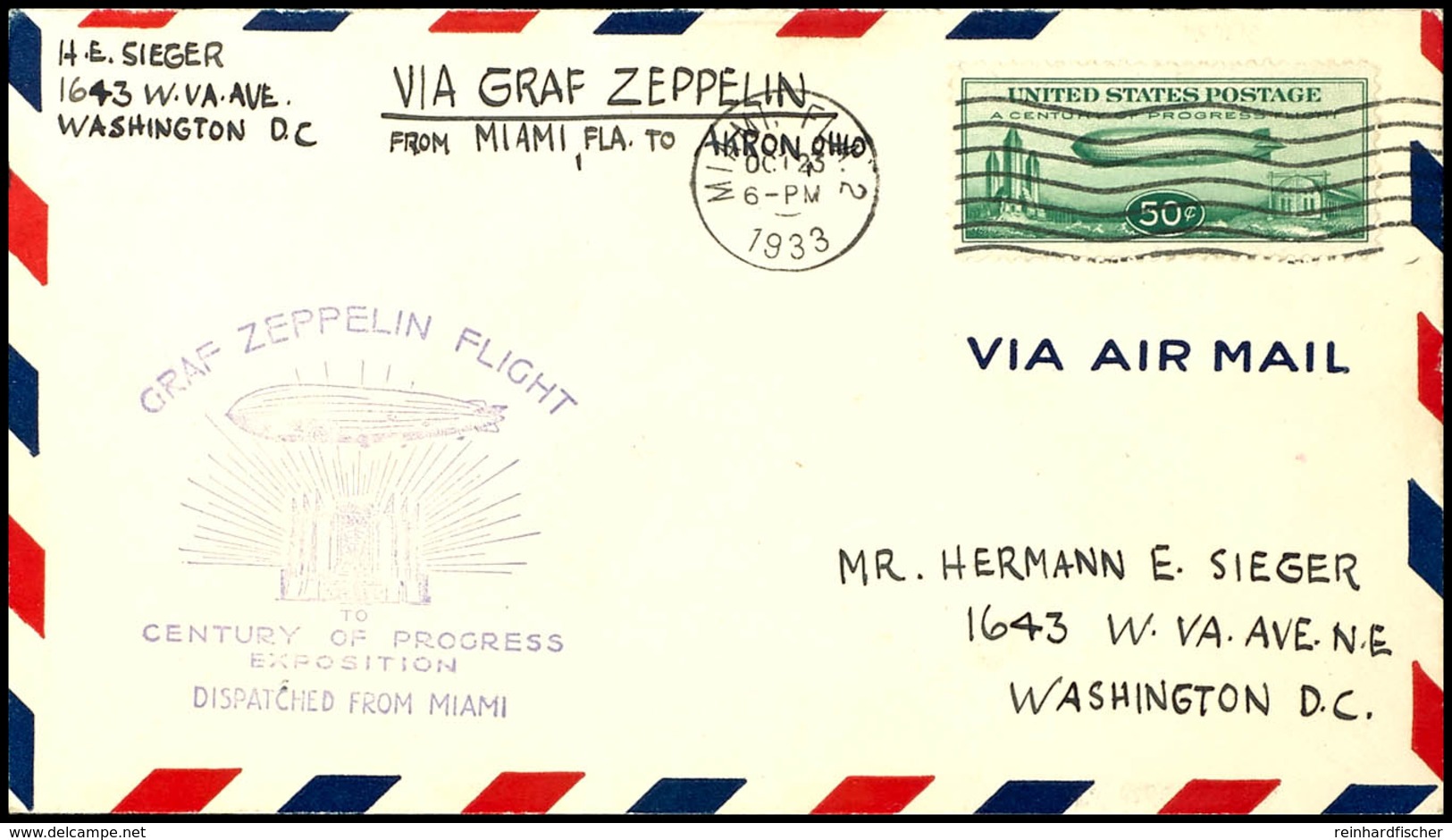 1933, Chicagofahrt, USA Post, Auflieferung Miami Bis Akron, Brief Mit 50 C. Zeppelin Mit Maschinenstempel "MIAMI OCT 23  - Sonstige & Ohne Zuordnung