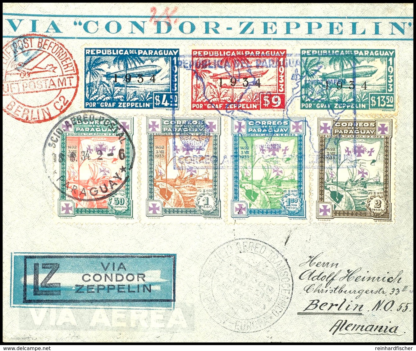 1934, 6. Südamerikafahrt, Paraguayische Post, R-Brief Mit Zeppelinmarken 4 P., 9 P. Und 13,50 P. Nach Berlin Mit Allen S - Sonstige & Ohne Zuordnung