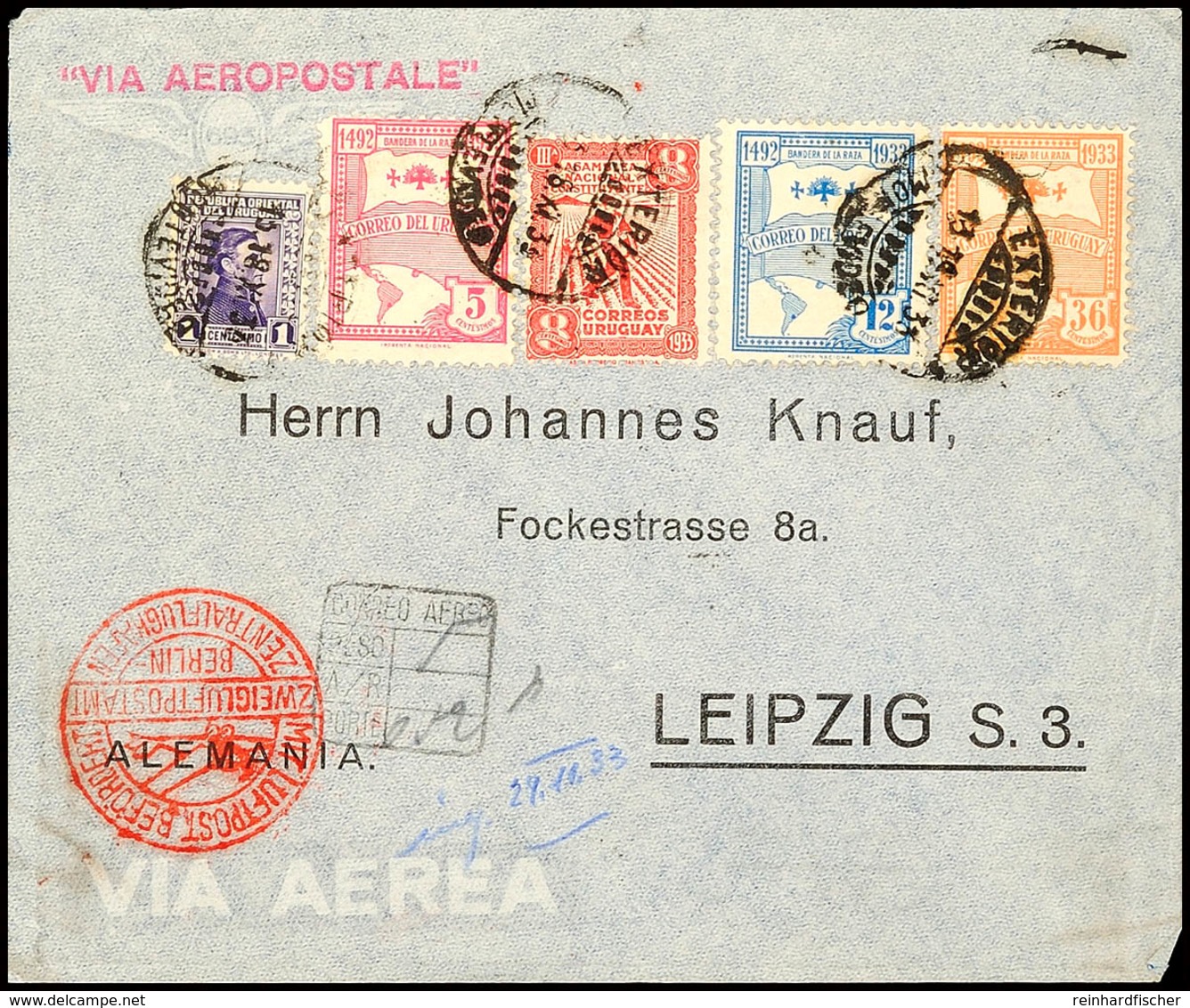 URUGUAY 1933, Luftpostbrief Mit MiNr. 353, 481, 484, 488 U. 494 über Paris Und Berlin Nach Leipzig  BF - Sonstige & Ohne Zuordnung
