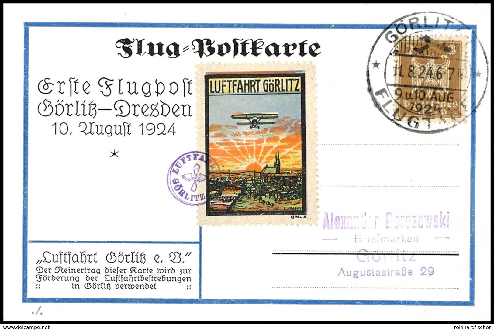 1924, Erste Flugpost Görlitz-Dresden, 3 Pfg Flugpostmarke Reichsadler Und Farbige Flug-Vignette Auf Farbiger Sonderkarte - Otros & Sin Clasificación