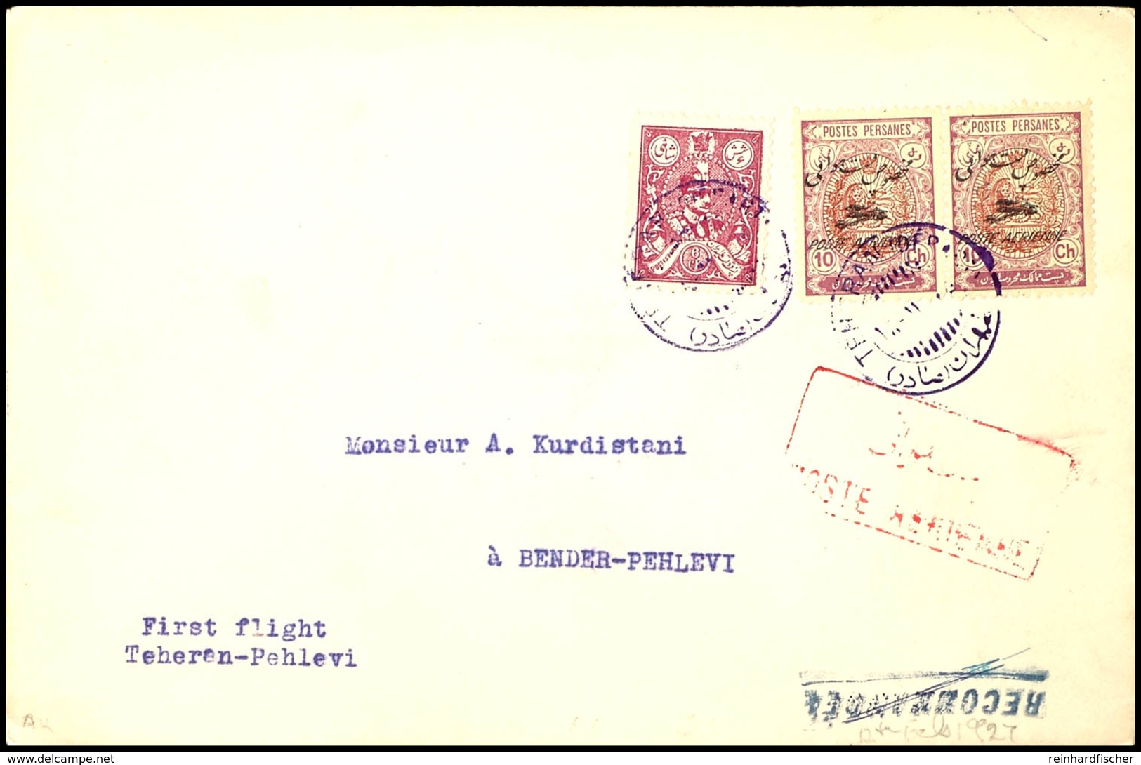 PERSIEN: 1927, Erstflug Teheran-Pelevi, Brief Mit 10 Ch. Flugpost-Provisorien, Waagerechtes Paar, Zusammen Mit 6 Ch. Fre - Otros & Sin Clasificación