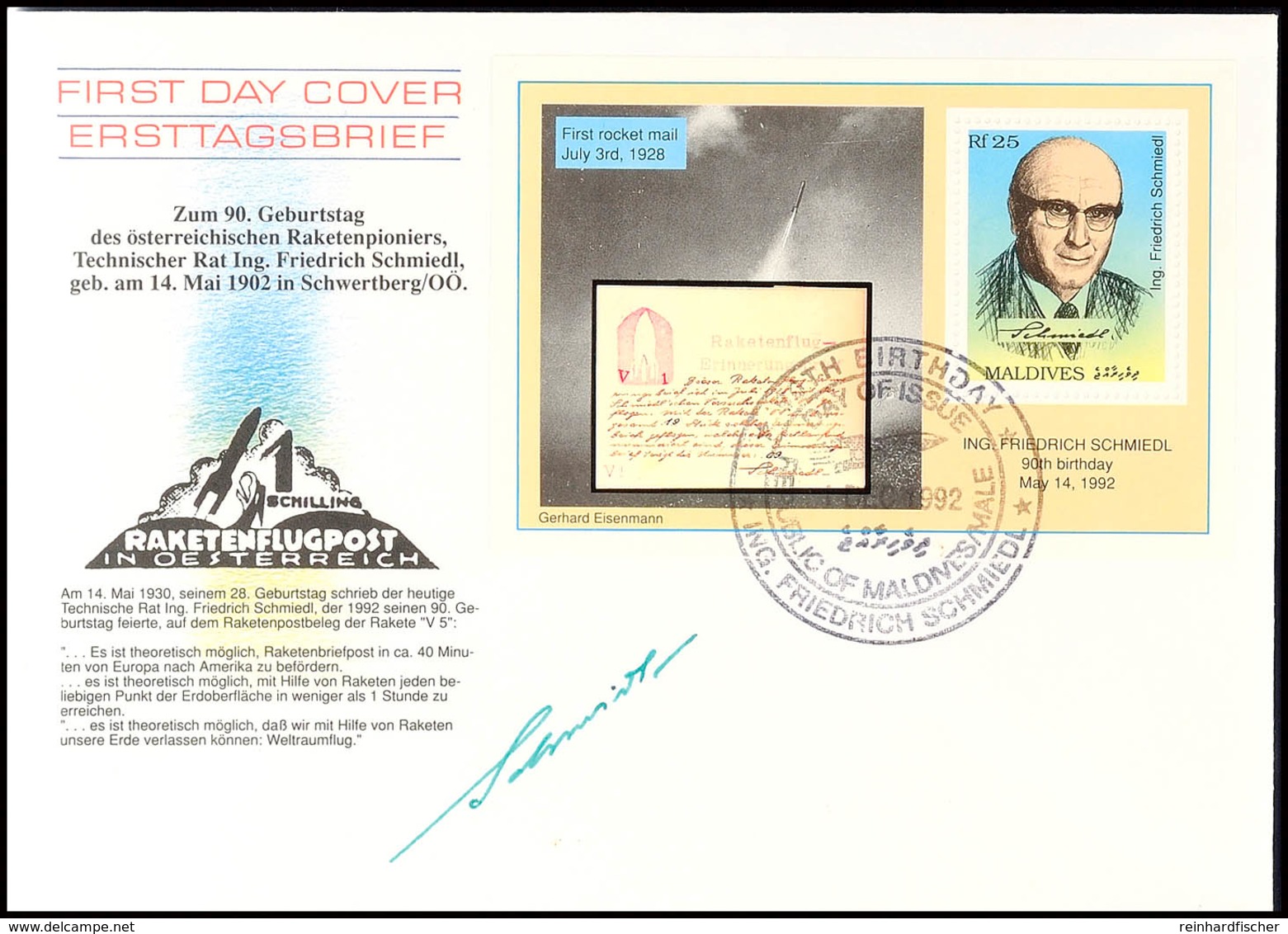 1992, Eigenhändige Original-Unterschrift Des Erfinders Der Raketenpost "Friedrich Schmiedl" Auf FDC-Umschlag Malediven B - Altri & Non Classificati