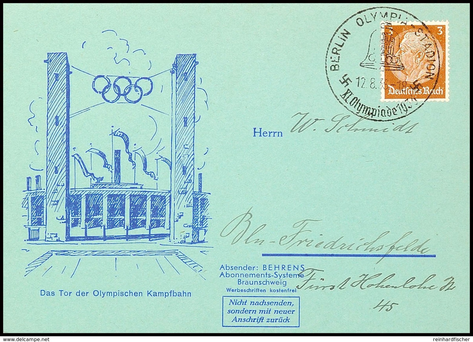 Olympische Spiele Berlin 1936, Werbekarte "Behrens-Abosysteme" Mit Tor Der Olymp. Kampfbahn, SST OLYMPIA-STADION  BF - Sonstige & Ohne Zuordnung