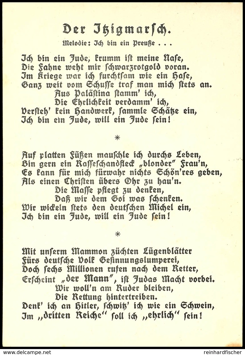 1936 (ca.), "Der Itzigmarsch", Propaganda-Karte Mit Abdruck Des Liedtextes, Ungelaufen, Bis Auf Minimale Patina Gute Erh - Other & Unclassified